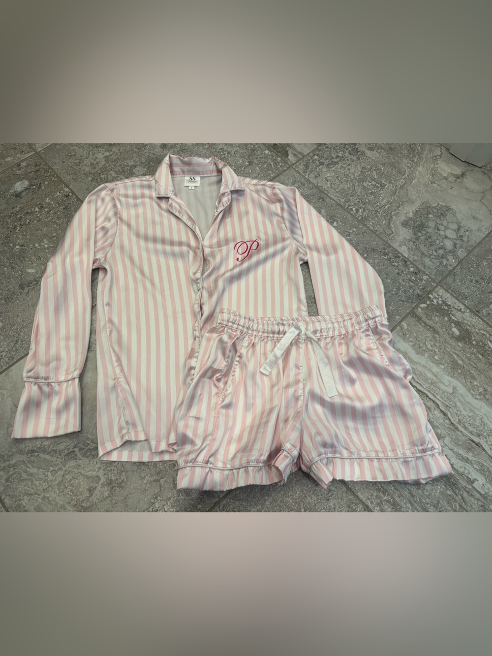 SS Weddings Pink & White Striped Pajama Set Shorts Size Small Monogram P